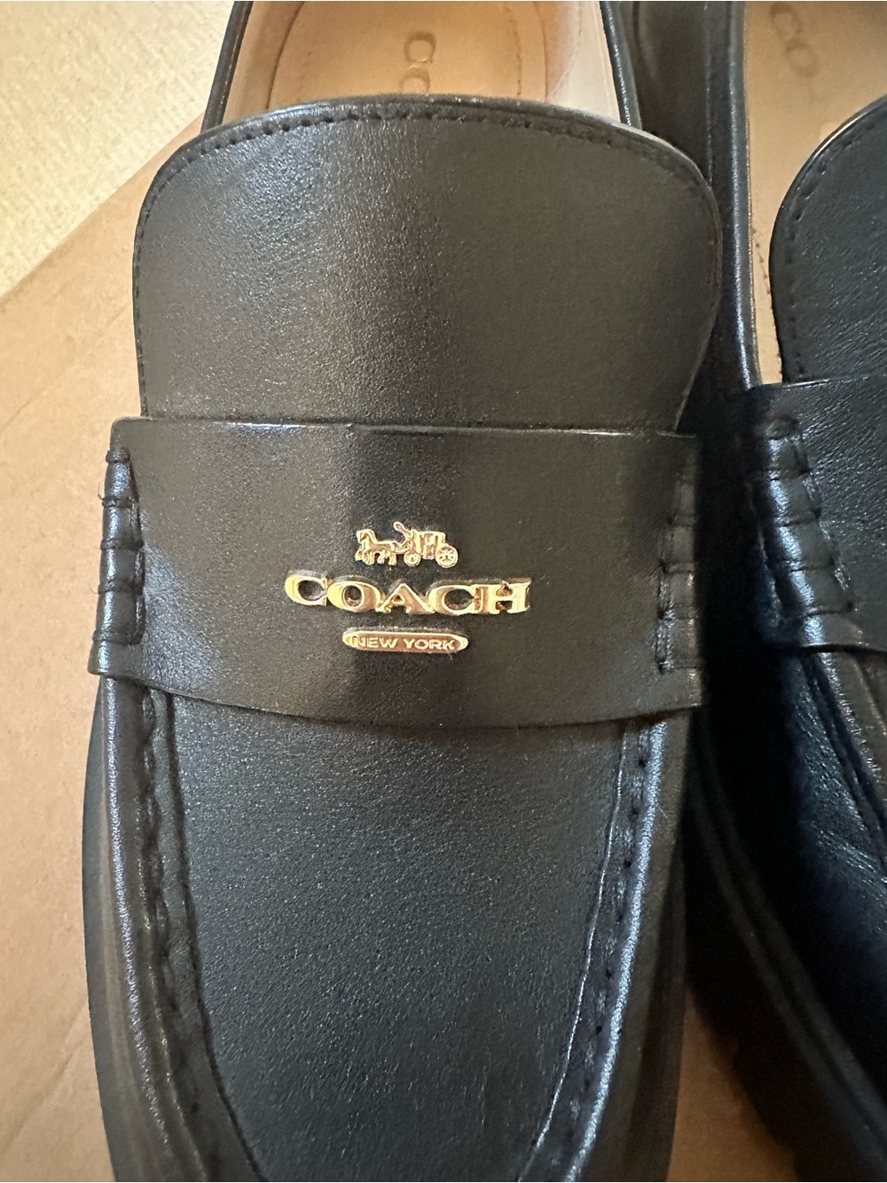 Coach Black Leather Penny Loafers with Gold Logo - Picture 9 of 9